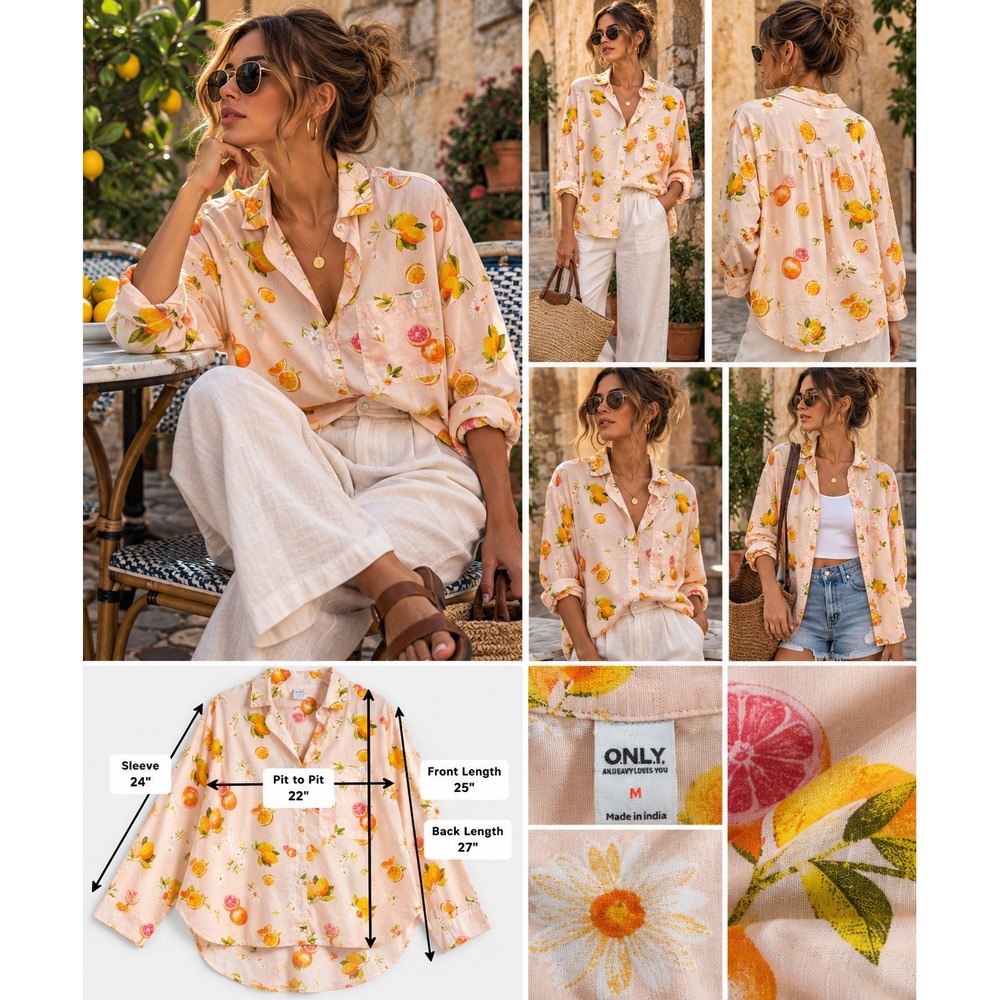 ONLY Pink Citrus Fruit Print Shirt M Grapefruit Lemon Mediterranean Coastal